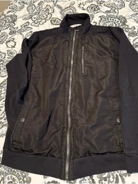 Calvin Klein Men's Black Bomber Jacket with Ribbed Sleeves